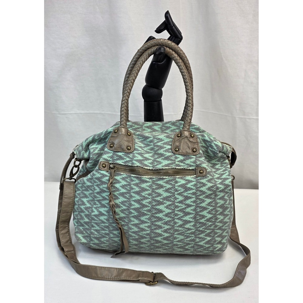 Woven Chevron Satchel Bag Mint Green Grey Braided Handles Crossbody Strap Boho - Picture 3 of 7